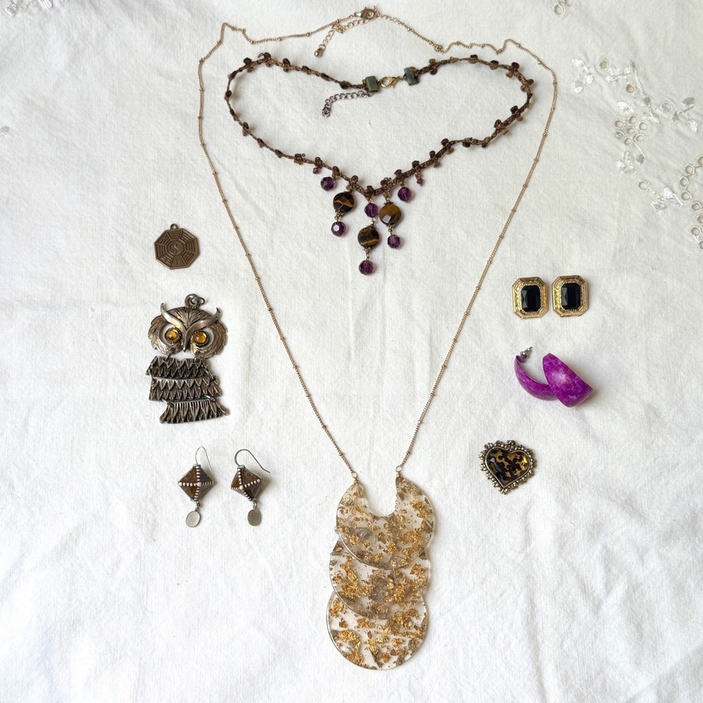 Vintage Jewelry Lot Whimsigoth Gold Flake Necklace Pendant Earrings Witchy 70s